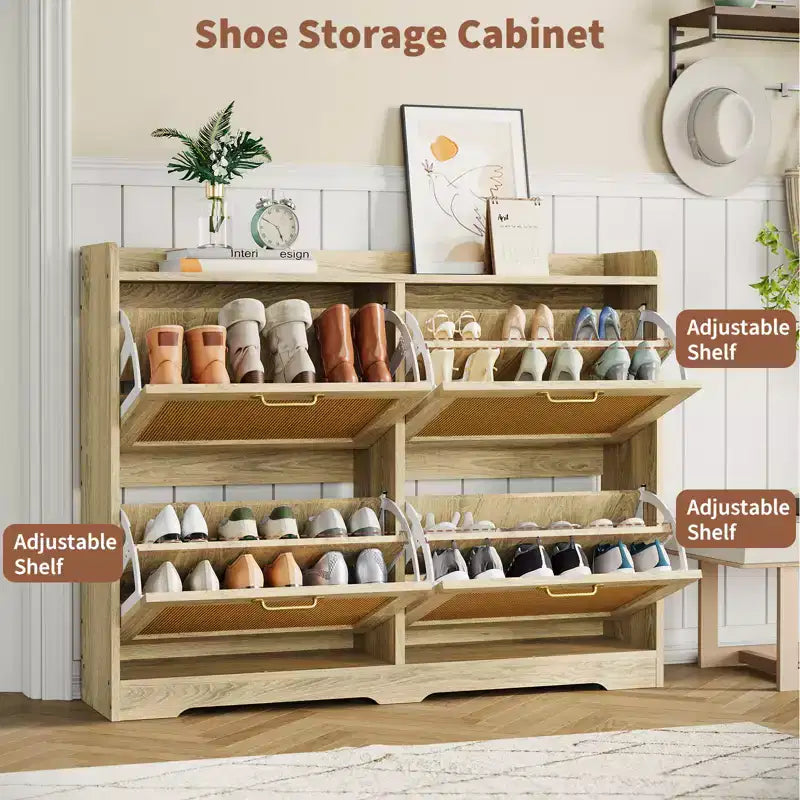 Garvee Rattan Shoe Storage Cabinet with 4 Flip Drawers, Hidden Shoe Storage Organizer Cabinet, Wide Freestanding Wood Breathable Shoe Rack Cabinet