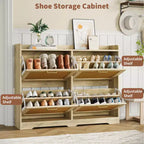 Garvee Rattan Shoe Storage Cabinet with 4 Flip Drawers, Hidden Shoe Storage Organizer Cabinet, Wide Freestanding Wood Breathable Shoe Rack Cabinet