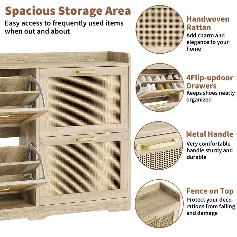Garvee Rattan Shoe Storage Cabinet with 4 Flip Drawers, Hidden Shoe Storage Organizer Cabinet, Wide Freestanding Wood Breathable Shoe Rack Cabinet