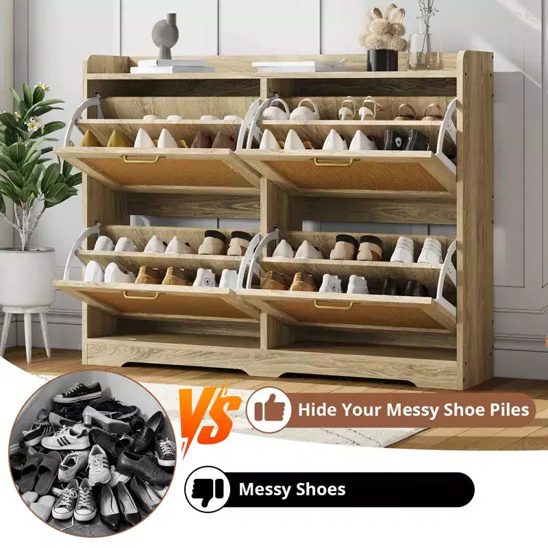Garvee Rattan Shoe Storage Cabinet with 4 Flip Drawers, Hidden Shoe Storage Organizer Cabinet, Wide Freestanding Wood Breathable Shoe Rack Cabinet