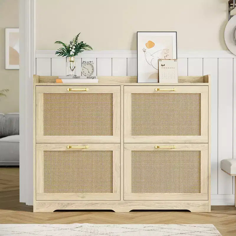 Garvee Rattan Shoe Storage Cabinet with 4 Flip Drawers, Hidden Shoe Storage Organizer Cabinet, Wide Freestanding Wood Breathable Shoe Rack Cabinet