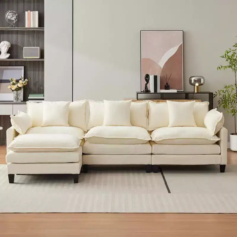 Sofa, 112 Modular L-Shaped Cloud Couch  Plush Chenille/Corduroy Fabric Deep Seat with Ottoman & Side Pockets for Living Room/Bedroom