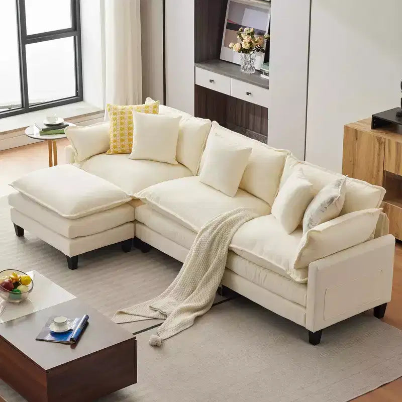 Sofa, 112 Modular L-Shaped Cloud Couch  Plush Chenille/Corduroy Fabric Deep Seat with Ottoman & Side Pockets for Living Room/Bedroom