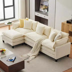 Sofa, 112 Modular L-Shaped Cloud Couch  Plush Chenille/Corduroy Fabric Deep Seat with Ottoman & Side Pockets for Living Room/Bedroom