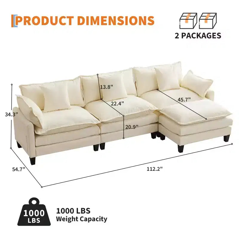 Sofa, 112 Modular L-Shaped Cloud Couch  Plush Chenille/Corduroy Fabric Deep Seat with Ottoman & Side Pockets for Living Room/Bedroom