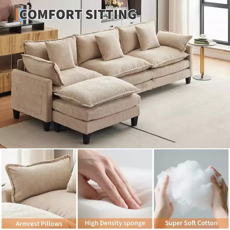 Sofa, 112 Modular L-Shaped Cloud Couch  Plush Chenille/Corduroy Fabric Deep Seat with Ottoman & Side Pockets for Living Room/Bedroom