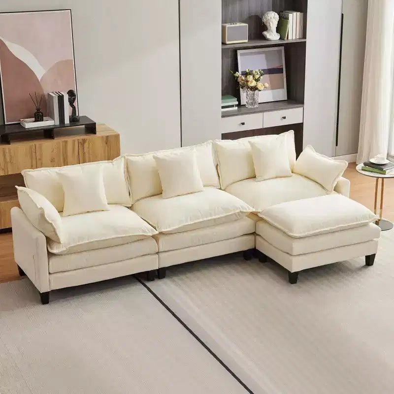 Sofa, 112 Modular L-Shaped Cloud Couch  Plush Chenille/Corduroy Fabric Deep Seat with Ottoman & Side Pockets for Living Room/Bedroom