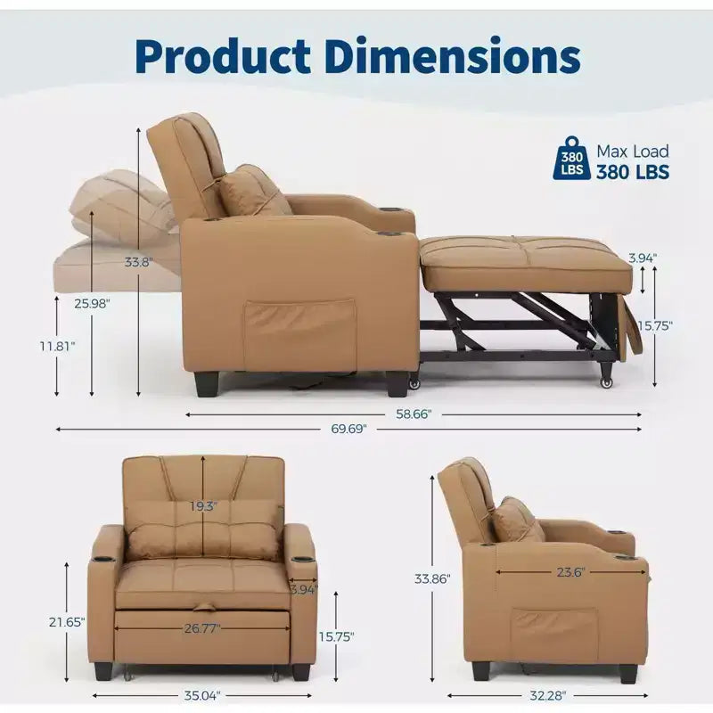 3-in-1 USB-Massage Convertible Sofa Bed, 110-180 Recliner, Cup Holders, Side Pockets, 380 lbs, 4-Step FlipDorm & Guest Ready
