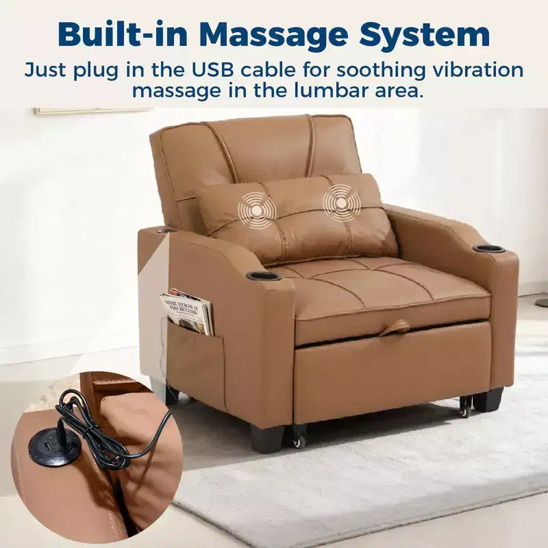 3-in-1 USB-Massage Convertible Sofa Bed, 110-180 Recliner, Cup Holders, Side Pockets, 380 lbs, 4-Step FlipDorm & Guest Ready