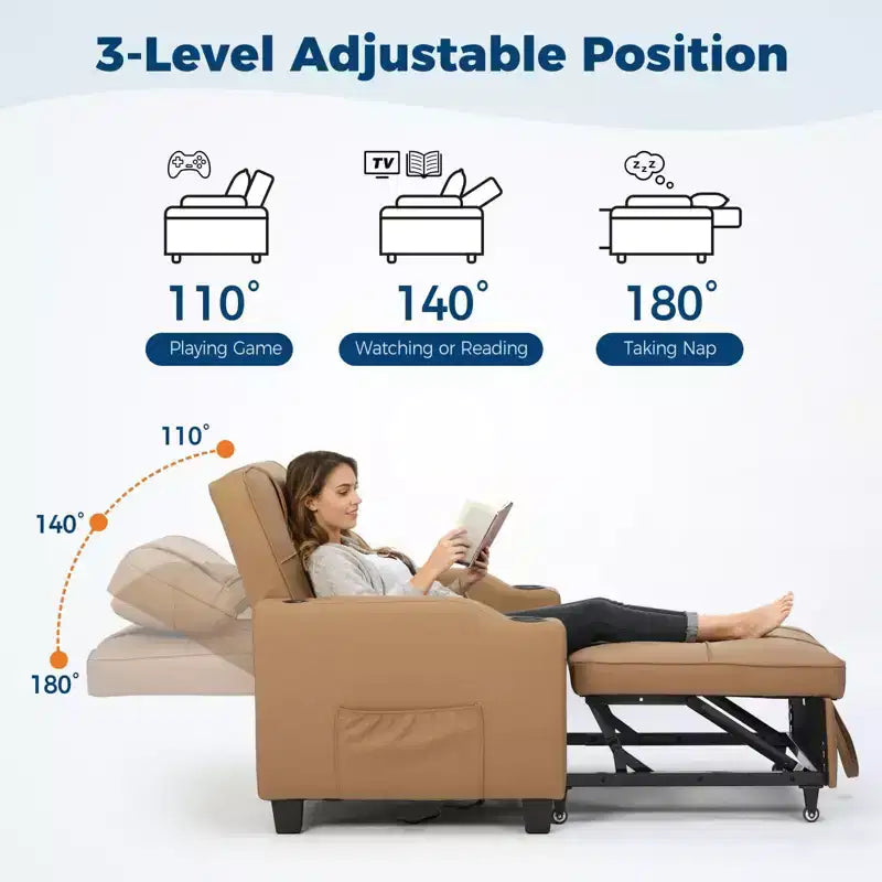 3-in-1 USB-Massage Convertible Sofa Bed, 110-180 Recliner, Cup Holders, Side Pockets, 380 lbs, 4-Step FlipDorm & Guest Ready