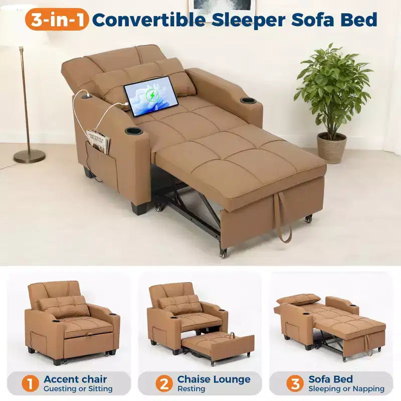 3-in-1 USB-Massage Convertible Sofa Bed, 110-180 Recliner, Cup Holders, Side Pockets, 380 lbs, 4-Step FlipDorm & Guest Ready
