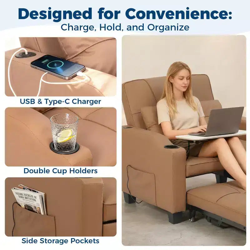 3-in-1 USB-Massage Convertible Sofa Bed, 110-180 Recliner, Cup Holders, Side Pockets, 380 lbs, 4-Step FlipDorm & Guest Ready