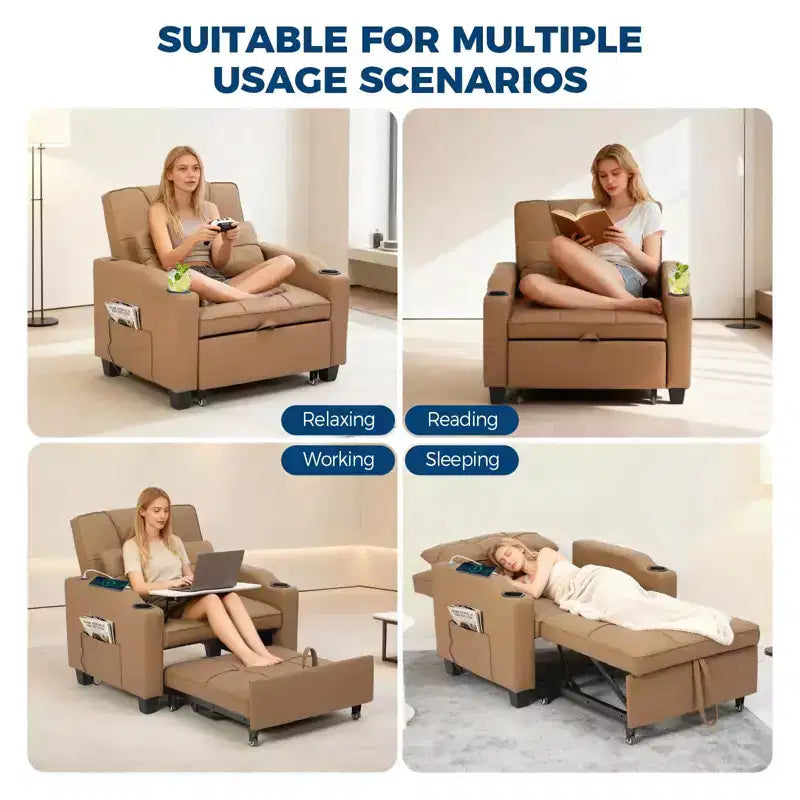 3-in-1 USB-Massage Convertible Sofa Bed, 110-180 Recliner, Cup Holders, Side Pockets, 380 lbs, 4-Step FlipDorm & Guest Ready