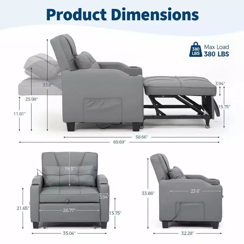 3-in-1 USB-Massage Convertible Sofa Bed, 110-180 Recliner, Cup Holders, Side Pockets, 380 lbs, 4-Step FlipDorm & Guest Ready