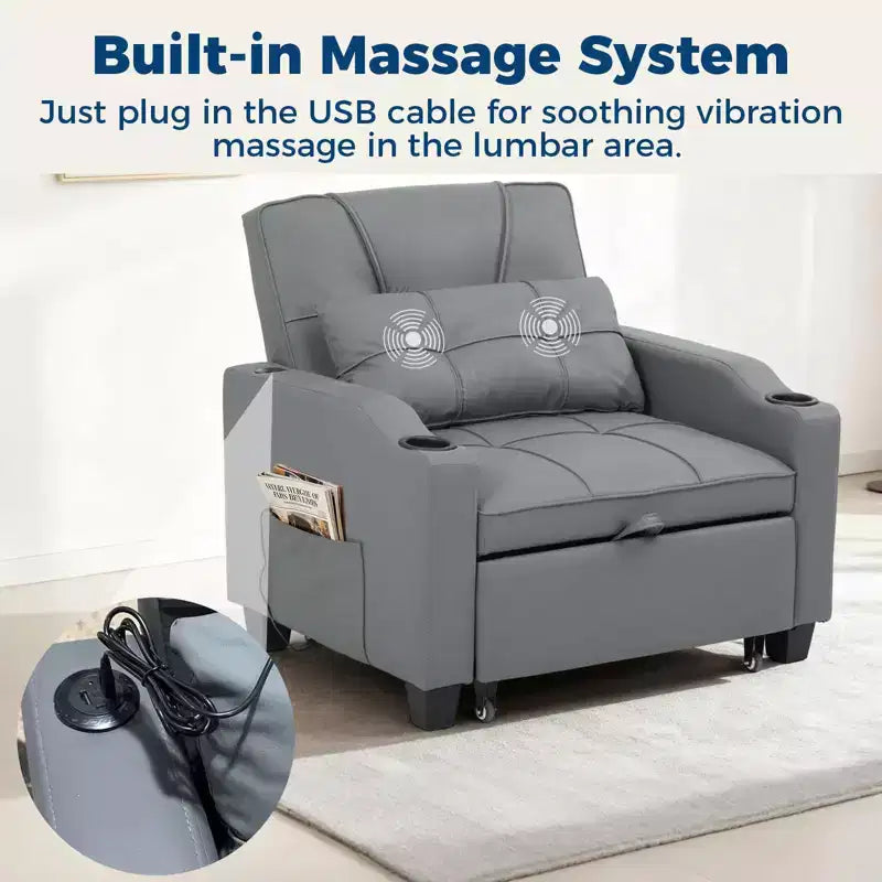 3-in-1 USB-Massage Convertible Sofa Bed, 110-180 Recliner, Cup Holders, Side Pockets, 380 lbs, 4-Step FlipDorm & Guest Ready