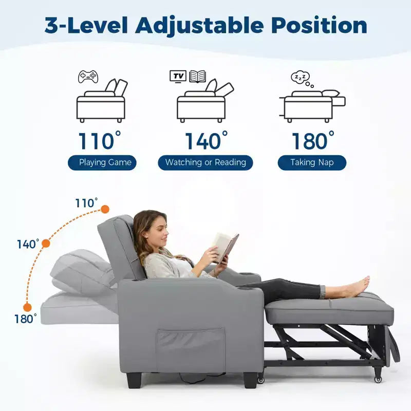 3-in-1 USB-Massage Convertible Sofa Bed, 110-180 Recliner, Cup Holders, Side Pockets, 380 lbs, 4-Step FlipDorm & Guest Ready