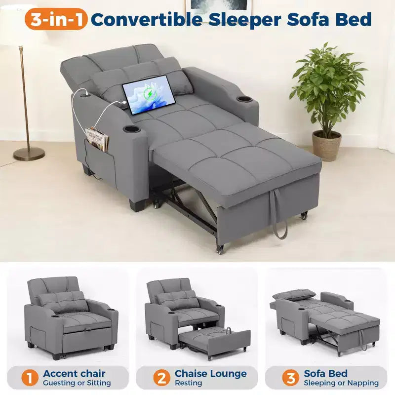 3-in-1 USB-Massage Convertible Sofa Bed, 110-180 Recliner, Cup Holders, Side Pockets, 380 lbs, 4-Step FlipDorm & Guest Ready