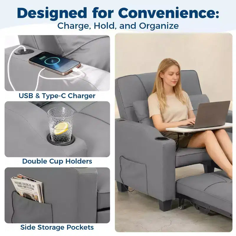 3-in-1 USB-Massage Convertible Sofa Bed, 110-180 Recliner, Cup Holders, Side Pockets, 380 lbs, 4-Step FlipDorm & Guest Ready