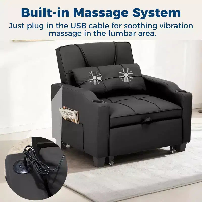 3-in-1 USB-Massage Convertible Sofa Bed, 110-180 Recliner, Cup Holders, Side Pockets, 380 lbs, 4-Step FlipDorm & Guest Ready