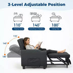 3-in-1 USB-Massage Convertible Sofa Bed, 110-180 Recliner, Cup Holders, Side Pockets, 380 lbs, 4-Step FlipDorm & Guest Ready