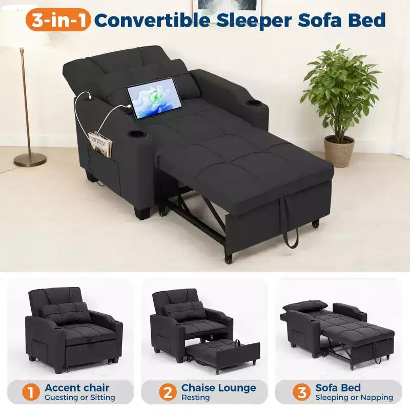 3-in-1 USB-Massage Convertible Sofa Bed, 110-180 Recliner, Cup Holders, Side Pockets, 380 lbs, 4-Step FlipDorm & Guest Ready