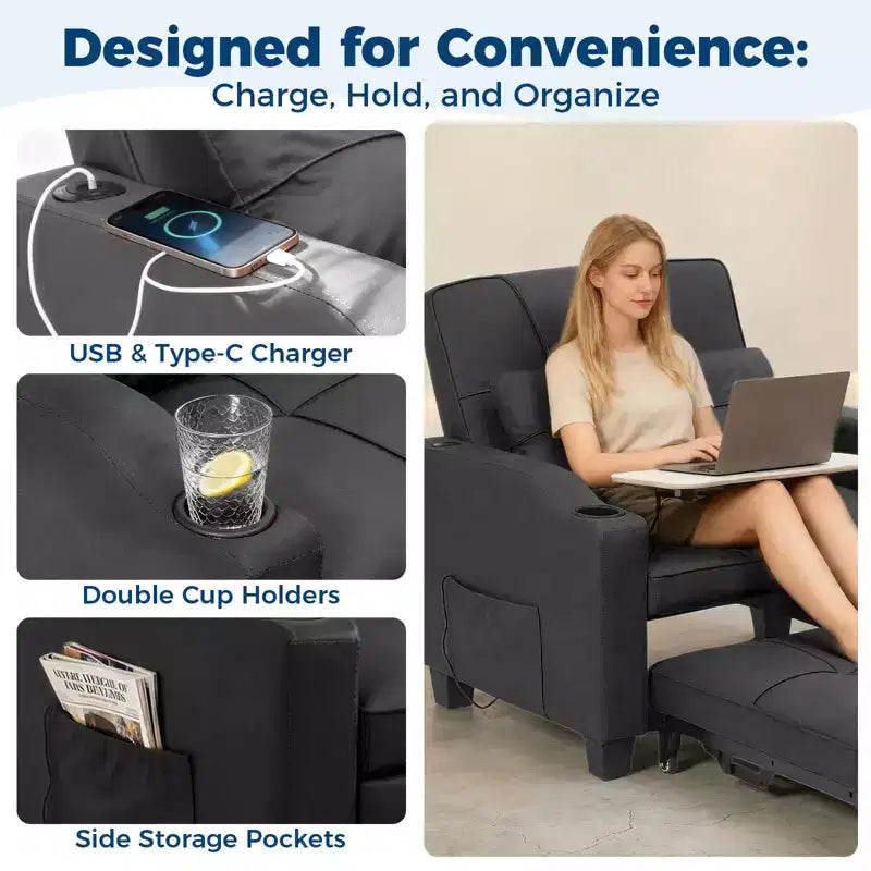3-in-1 USB-Massage Convertible Sofa Bed, 110-180 Recliner, Cup Holders, Side Pockets, 380 lbs, 4-Step FlipDorm & Guest Ready