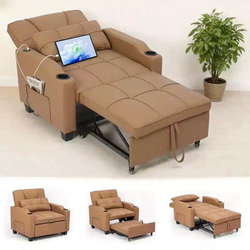 3-in-1 USB-Massage Convertible Sofa Bed, 110-180 Recliner, Cup Holders, Side Pockets, 380 lbs, 4-Step FlipDorm & Guest Ready