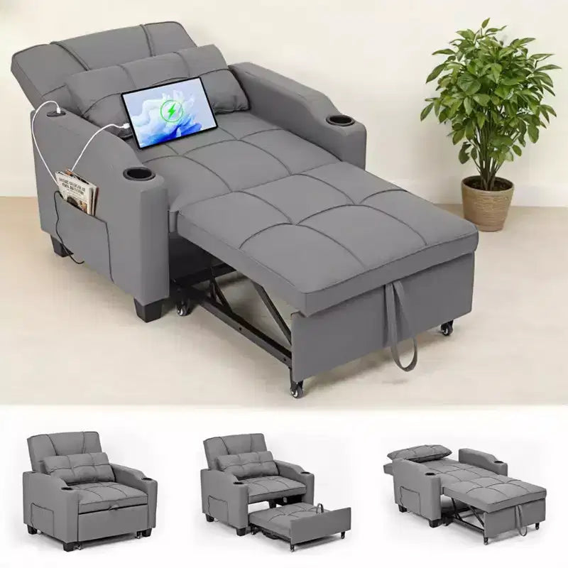 3-in-1 USB-Massage Convertible Sofa Bed, 110-180 Recliner, Cup Holders, Side Pockets, 380 lbs, 4-Step FlipDorm & Guest Ready
