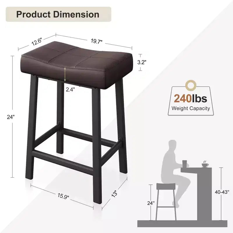 Counter Height Bar Stools Set of 2,PU Leather Barstools with Heavy Duty Metal Legs, Thick Saddle Seats Breakfast Stools