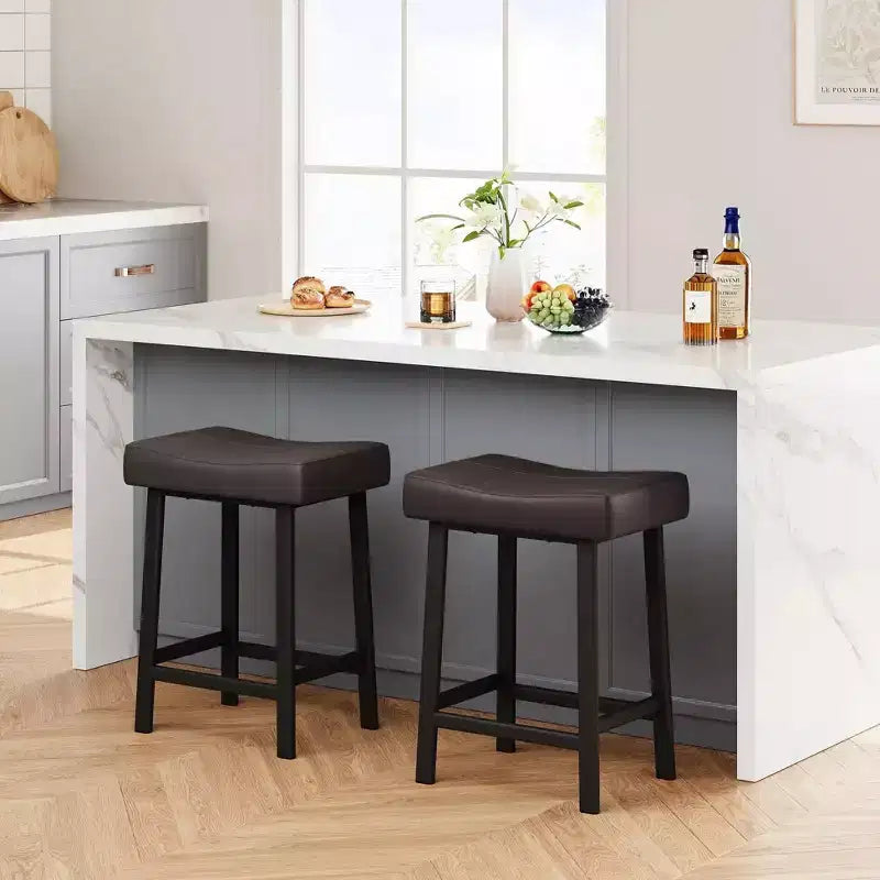 Counter Height Bar Stools Set of 2,PU Leather Barstools with Heavy Duty Metal Legs, Thick Saddle Seats Breakfast Stools