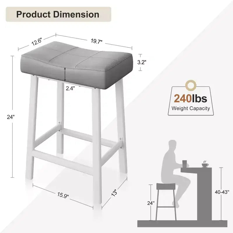 Counter Height Bar Stools Set of 2,PU Leather Barstools with Heavy Duty Metal Legs, Thick Saddle Seats Breakfast Stools