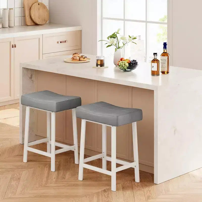Counter Height Bar Stools Set of 2,PU Leather Barstools with Heavy Duty Metal Legs, Thick Saddle Seats Breakfast Stools