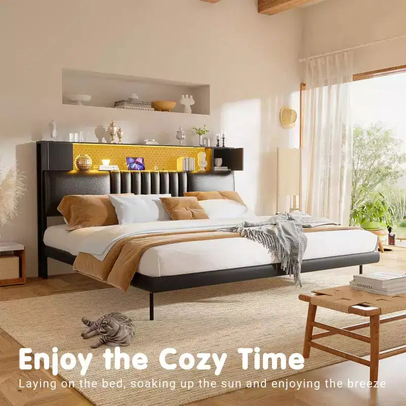 Besiost Storage Headboard with Charging Station and LED Light