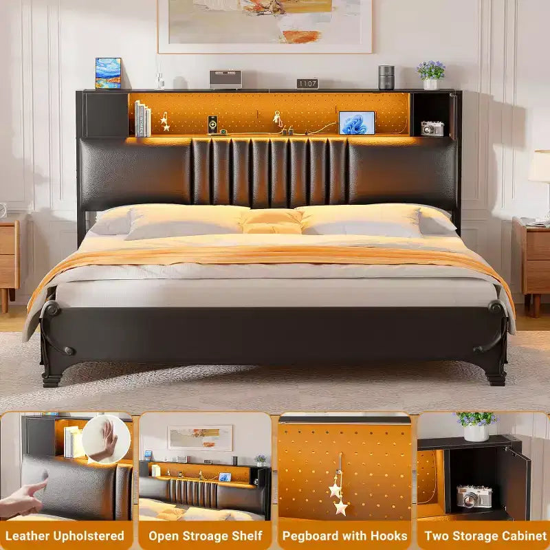 Besiost Storage Headboard with Charging Station and LED Light