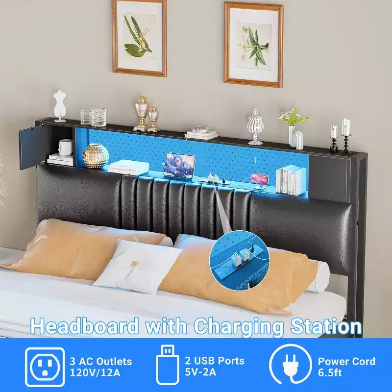 Besiost Storage Headboard with Charging Station and LED Light