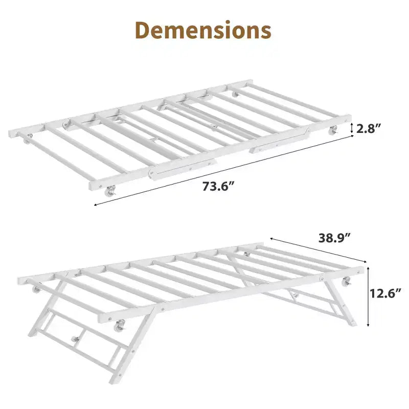 Stand Up Trundle Day Bed, Pop Up Trundle, Twin Trundle Bed Frame Only, Metal Slats Support with Lockable Casters, Noise-Free Design, White