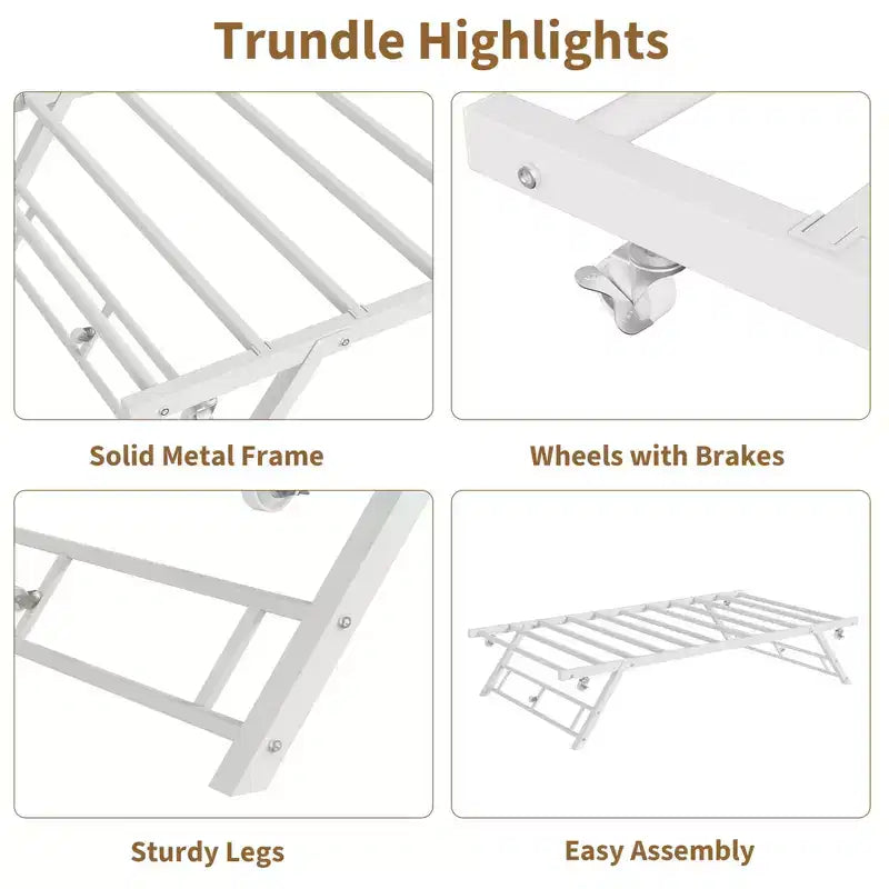 Stand Up Trundle Day Bed, Pop Up Trundle, Twin Trundle Bed Frame Only, Metal Slats Support with Lockable Casters, Noise-Free Design, White