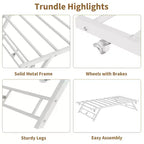 Stand Up Trundle Day Bed, Pop Up Trundle, Twin Trundle Bed Frame Only, Metal Slats Support with Lockable Casters, Noise-Free Design, White