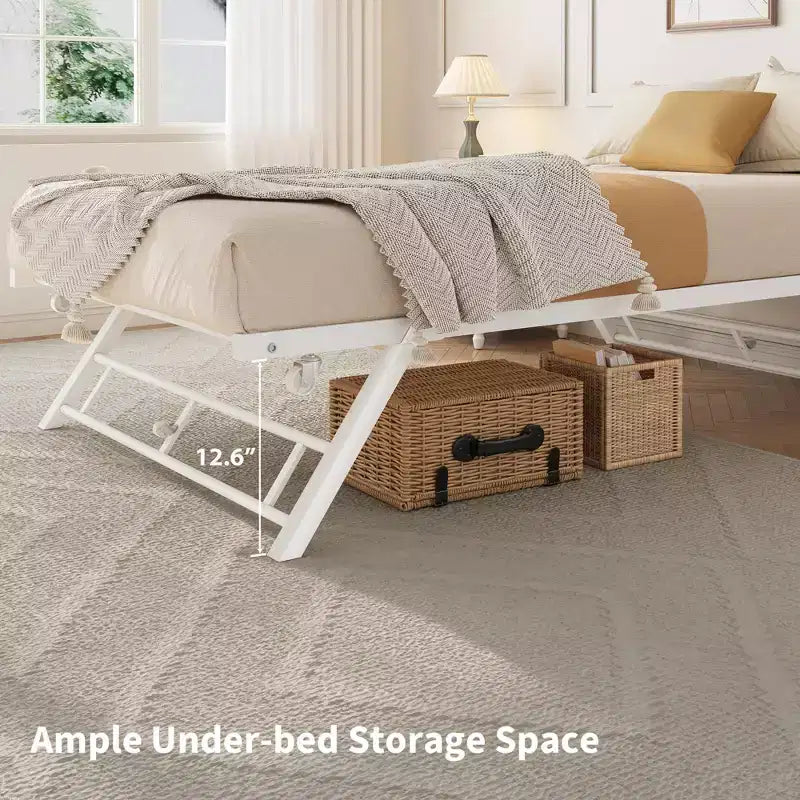 Stand Up Trundle Day Bed, Pop Up Trundle, Twin Trundle Bed Frame Only, Metal Slats Support with Lockable Casters, Noise-Free Design, White