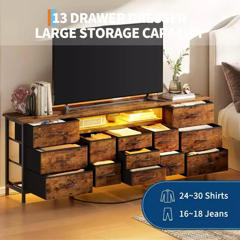 COZONY 70 Black Dresser with 13 Fabric Drawers & LED Lights, Wide TV Stand Chest with Metal Frame for Bedroom & Living Room