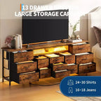 COZONY 70 Black Dresser with 13 Fabric Drawers & LED Lights, Wide TV Stand Chest with Metal Frame for Bedroom & Living Room