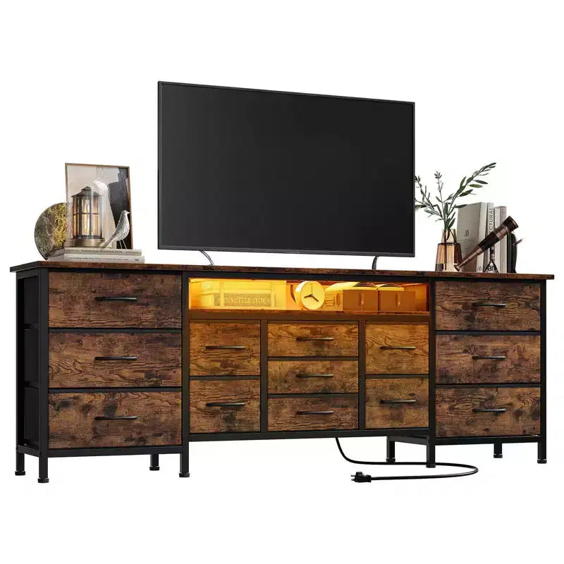 COZONY 70 Black Dresser with 13 Fabric Drawers & LED Lights, Wide TV Stand Chest with Metal Frame for Bedroom & Living Room