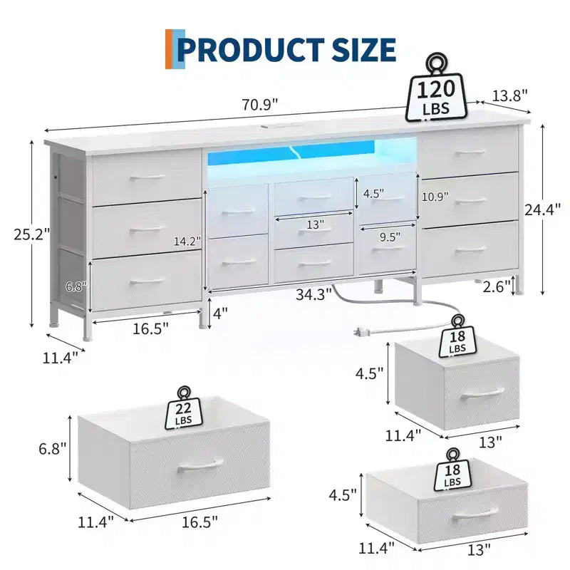 COZONY 70 Black Dresser with 13 Fabric Drawers & LED Lights, Wide TV Stand Chest with Metal Frame for Bedroom & Living Room