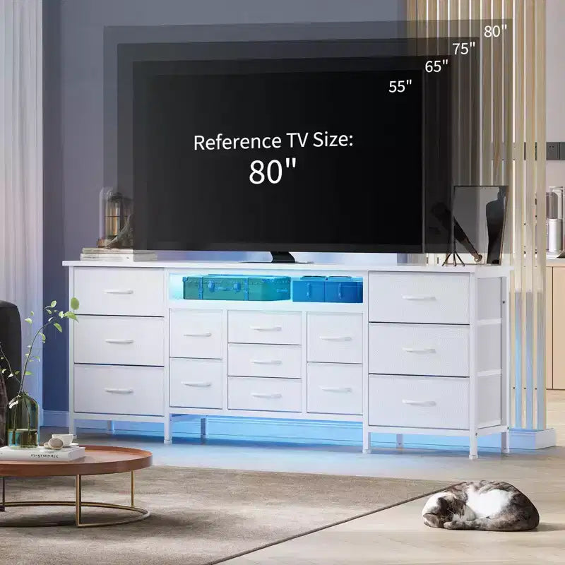 COZONY 70 Black Dresser with 13 Fabric Drawers & LED Lights, Wide TV Stand Chest with Metal Frame for Bedroom & Living Room