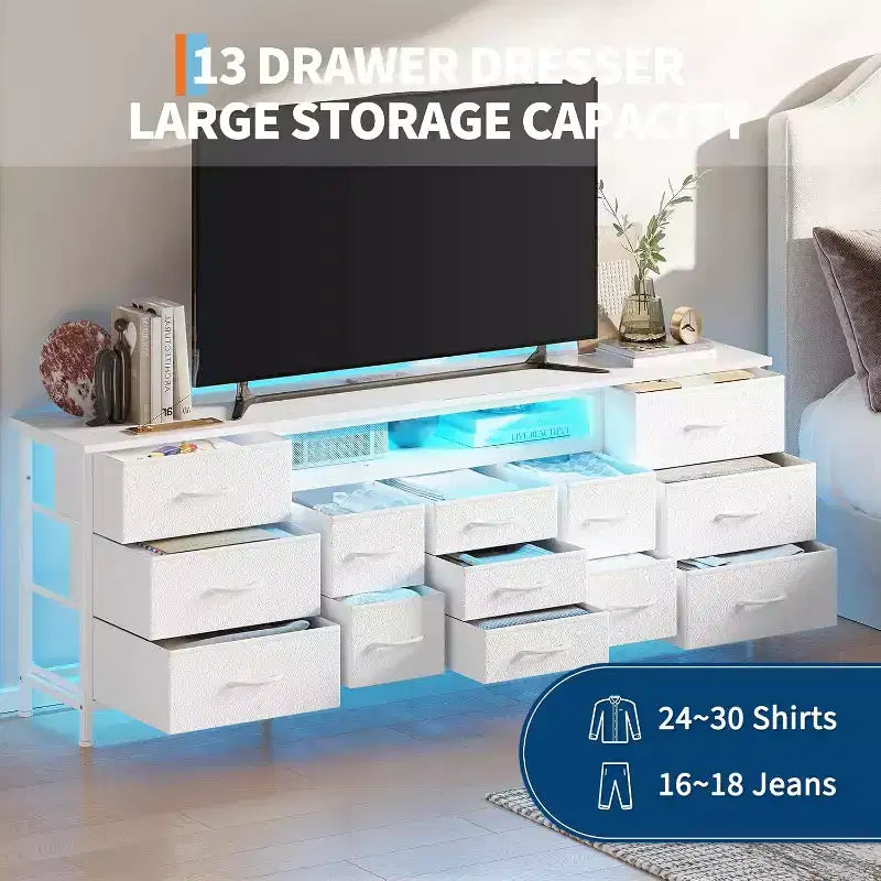 COZONY 70 Black Dresser with 13 Fabric Drawers & LED Lights, Wide TV Stand Chest with Metal Frame for Bedroom & Living Room