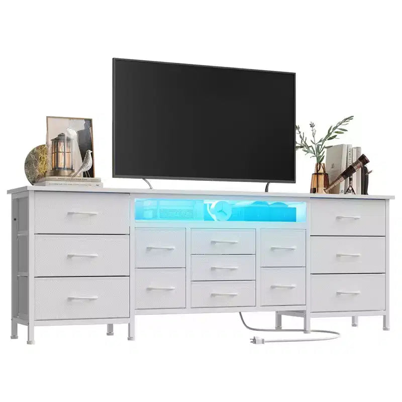COZONY 70 Black Dresser with 13 Fabric Drawers & LED Lights, Wide TV Stand Chest with Metal Frame for Bedroom & Living Room