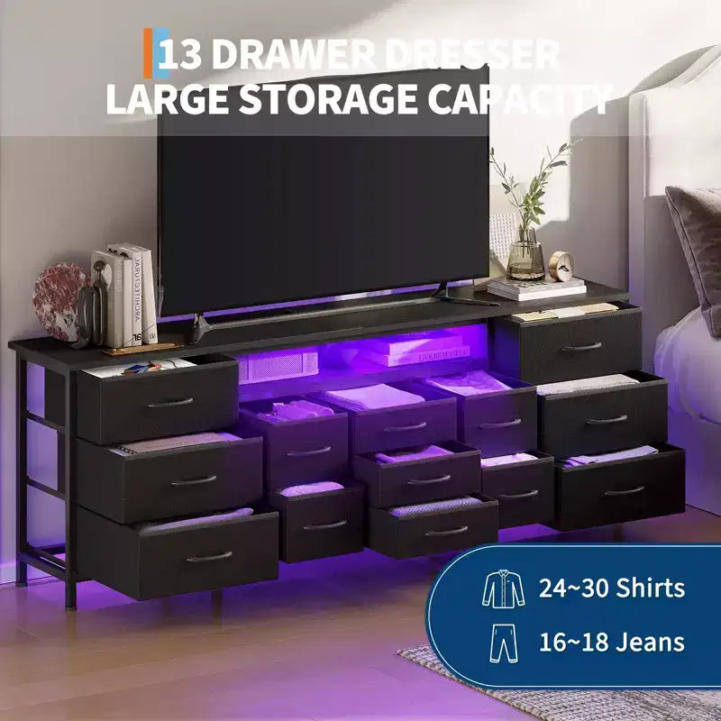 COZONY 70 Black Dresser with 13 Fabric Drawers & LED Lights, Wide TV Stand Chest with Metal Frame for Bedroom & Living Room