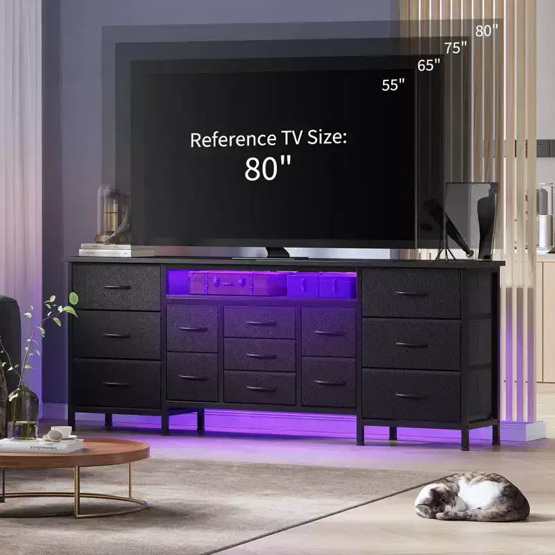 COZONY 70 Black Dresser with 13 Fabric Drawers & LED Lights, Wide TV Stand Chest with Metal Frame for Bedroom & Living Room