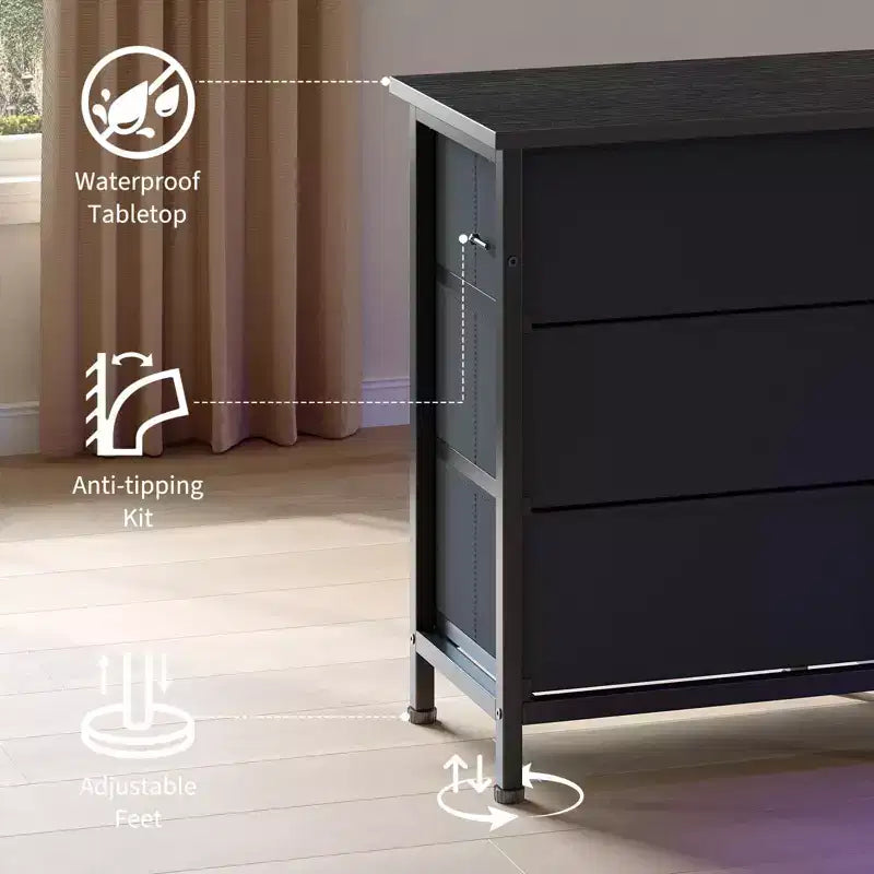 COZONY 70 Black Dresser with 13 Fabric Drawers & LED Lights, Wide TV Stand Chest with Metal Frame for Bedroom & Living Room