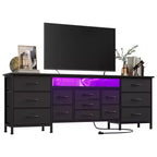 COZONY 70 Black Dresser with 13 Fabric Drawers & LED Lights, Wide TV Stand Chest with Metal Frame for Bedroom & Living Room